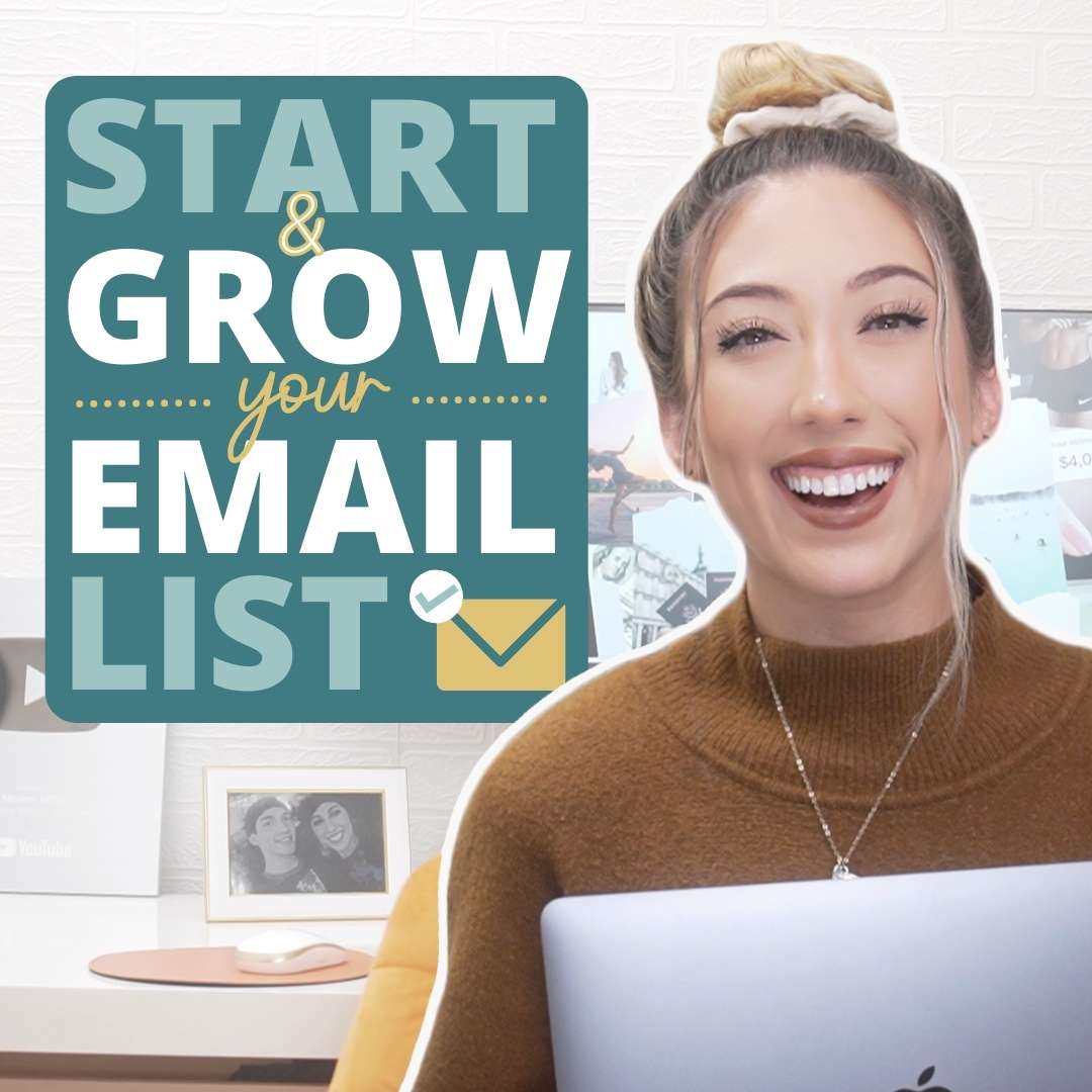 Millie smiling and holding her laptop next to text that says "Start & Grow Your Email List" with an email icon.