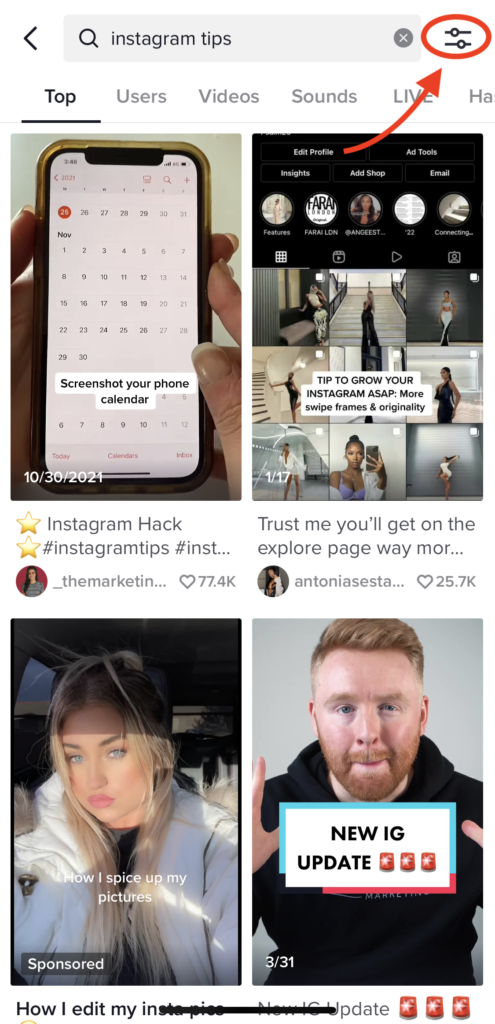 A screenshot of the search results on TikTok for "Instagram Tips" and the filter icon circled in the top right.