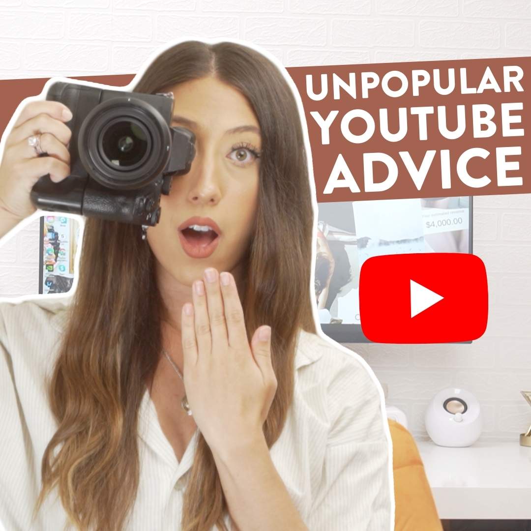 Millie holding a camera over her eye with a shocked look on her face and words next to her saying "Unpopular YouTube Advice" and the YouTube Logo"