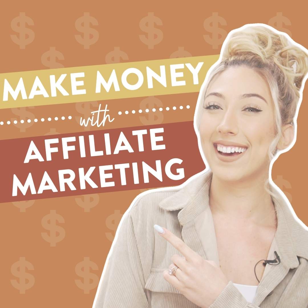 Millie pointing and smiling with the words "Make money with Affiliate Marketing" next to her and a dollar signs in the background