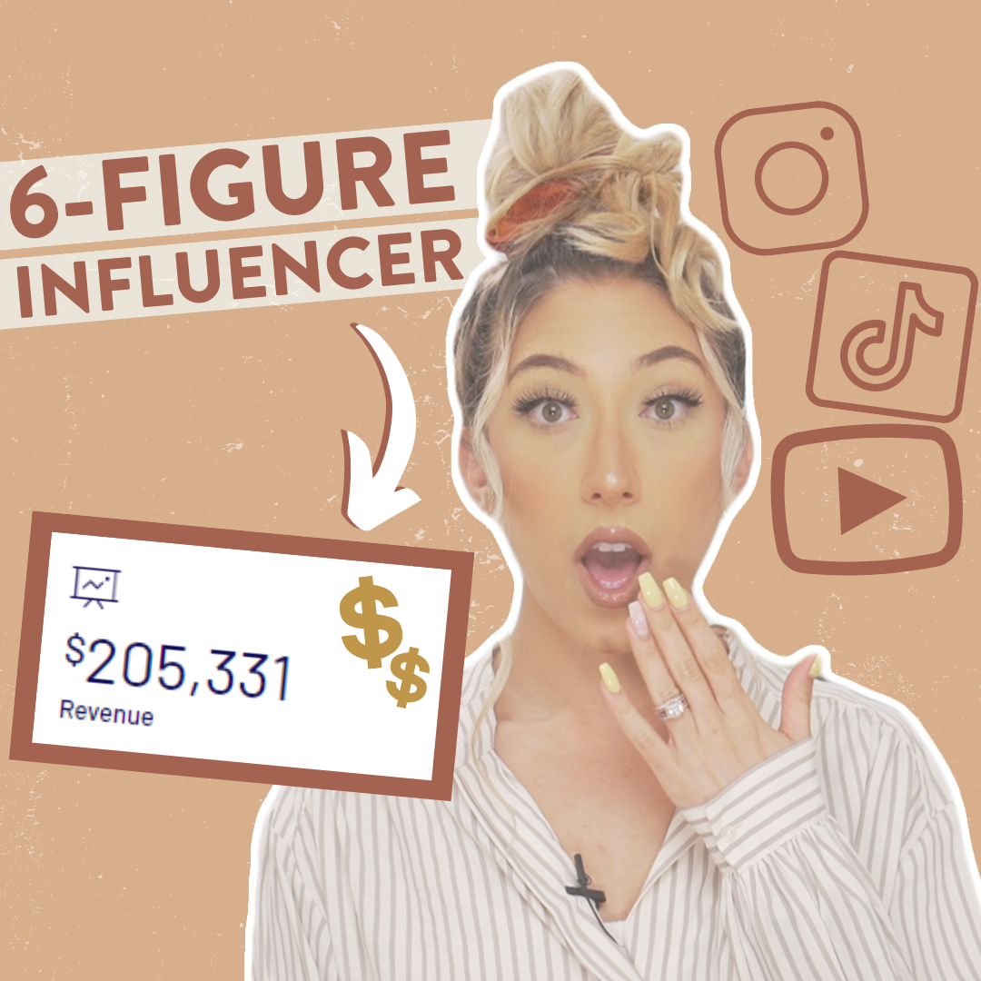 Millie with a shocked expression with the Instagram, TikTok and YouTube logos on her right and the words "6-Figure Influencer" pointing to a box showing over $200,000 in income on her left.