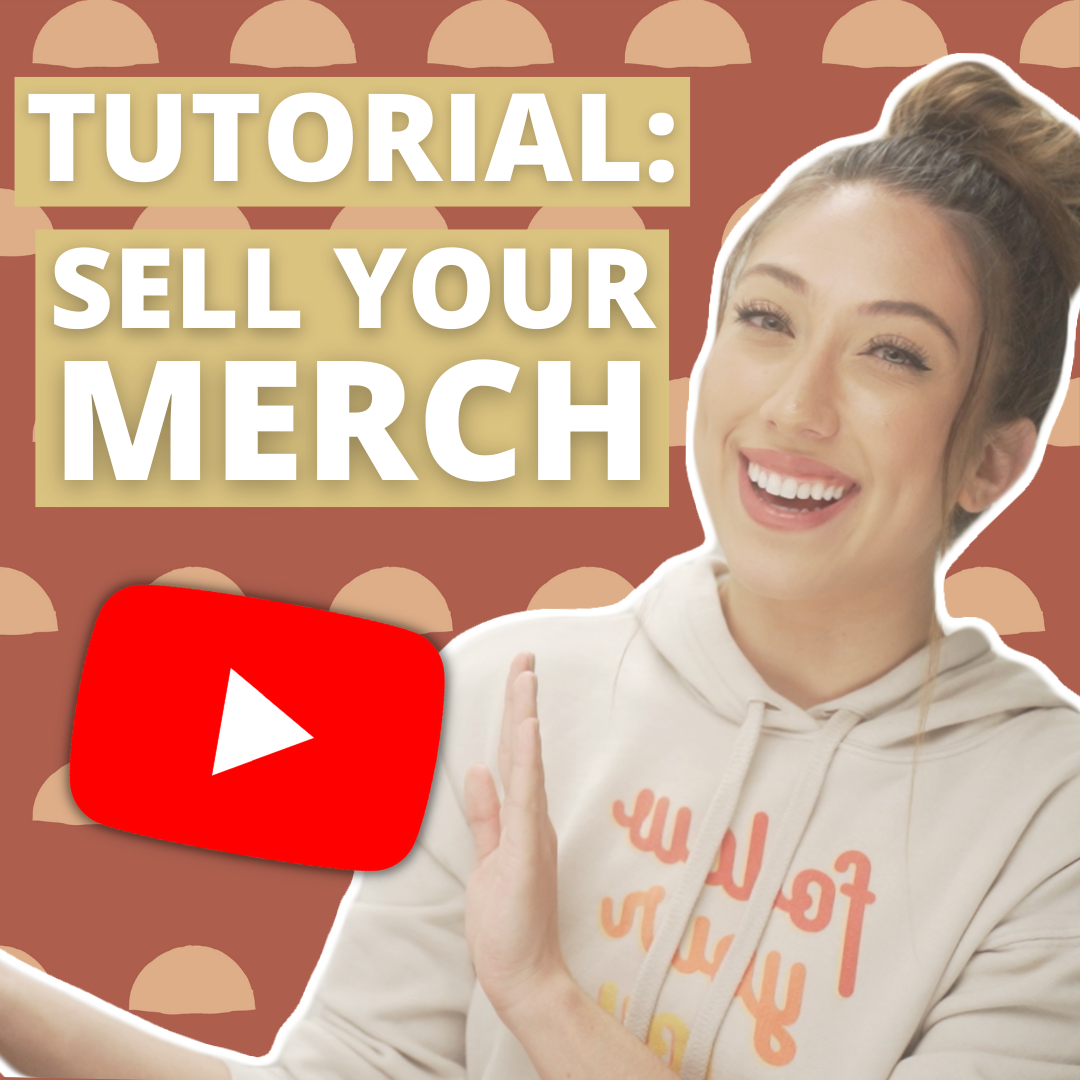 Millie smiling next to the words "Tutorial: Sell your merch" and the YouTube logo