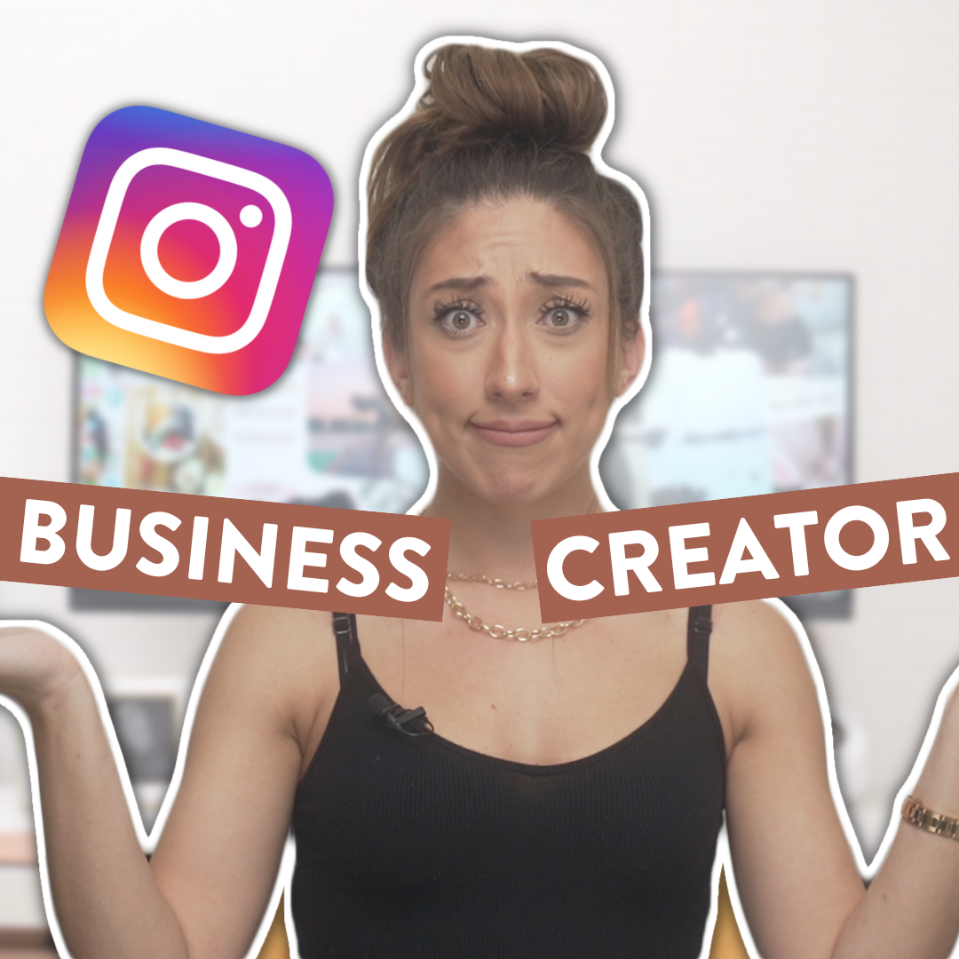 Millie with a confused expression on her face and her arms up and the words "Business" and "Creator" on either side of her and the Instagram logo