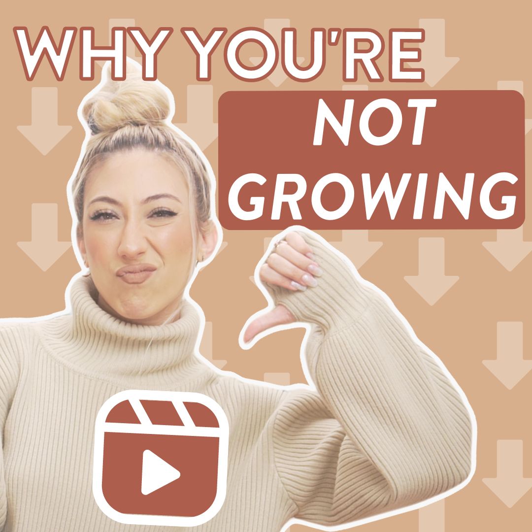 Millie with a disappointed and frustrated expression, pointing down her thumb and the words "Why you're not growing" next to her and the Instagram Reels logo