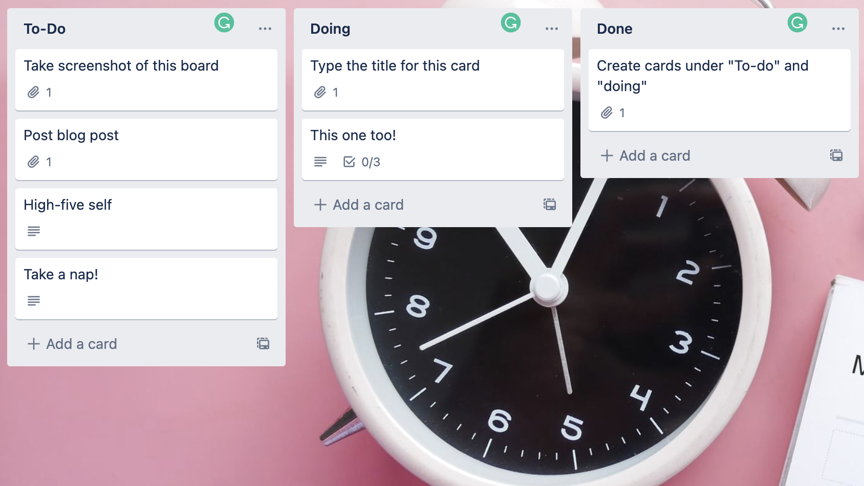 Screenshot of a Trello Board with cards titled "to-do," "doing," and "done" to show how to use Trello