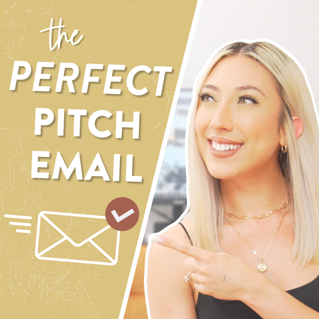 Millie smiling and point to the left to the words "The Perfect Pitch Email" and an email icon with a checkmark.