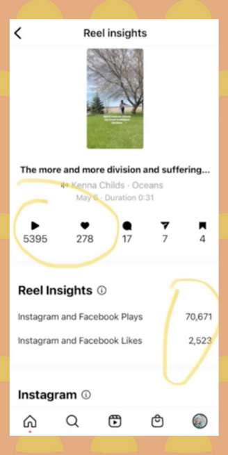 screenshot of one of Millie's student's Insights showing one of Instagram's updates. There are 5,395 views on Instagram alone and 70,671 views on both Instagram and FaceBook
