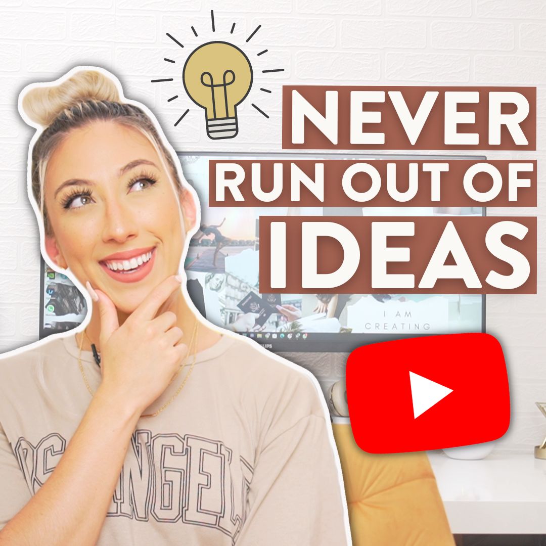 Millie with her hand to her chin and a thinking expression next to a light bulb icon, the YouTube logo, and the words "Never run out of ideas"