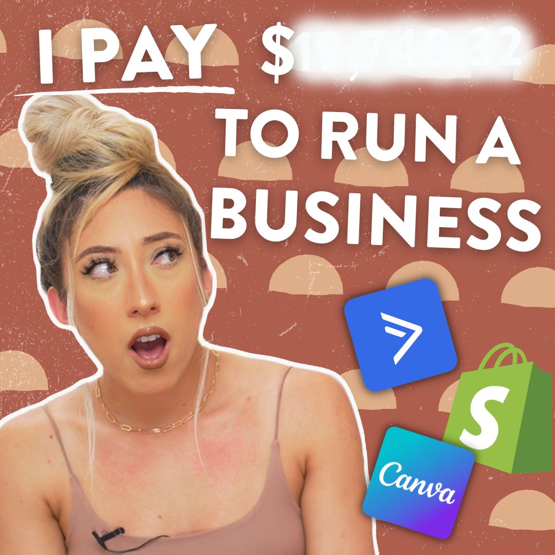 Millie with a shocked expression looking at the words "I pay $XXXXX to run a business" with the amount blurred out next to the logos for Canva, Shopify, and ActiveCampaign
