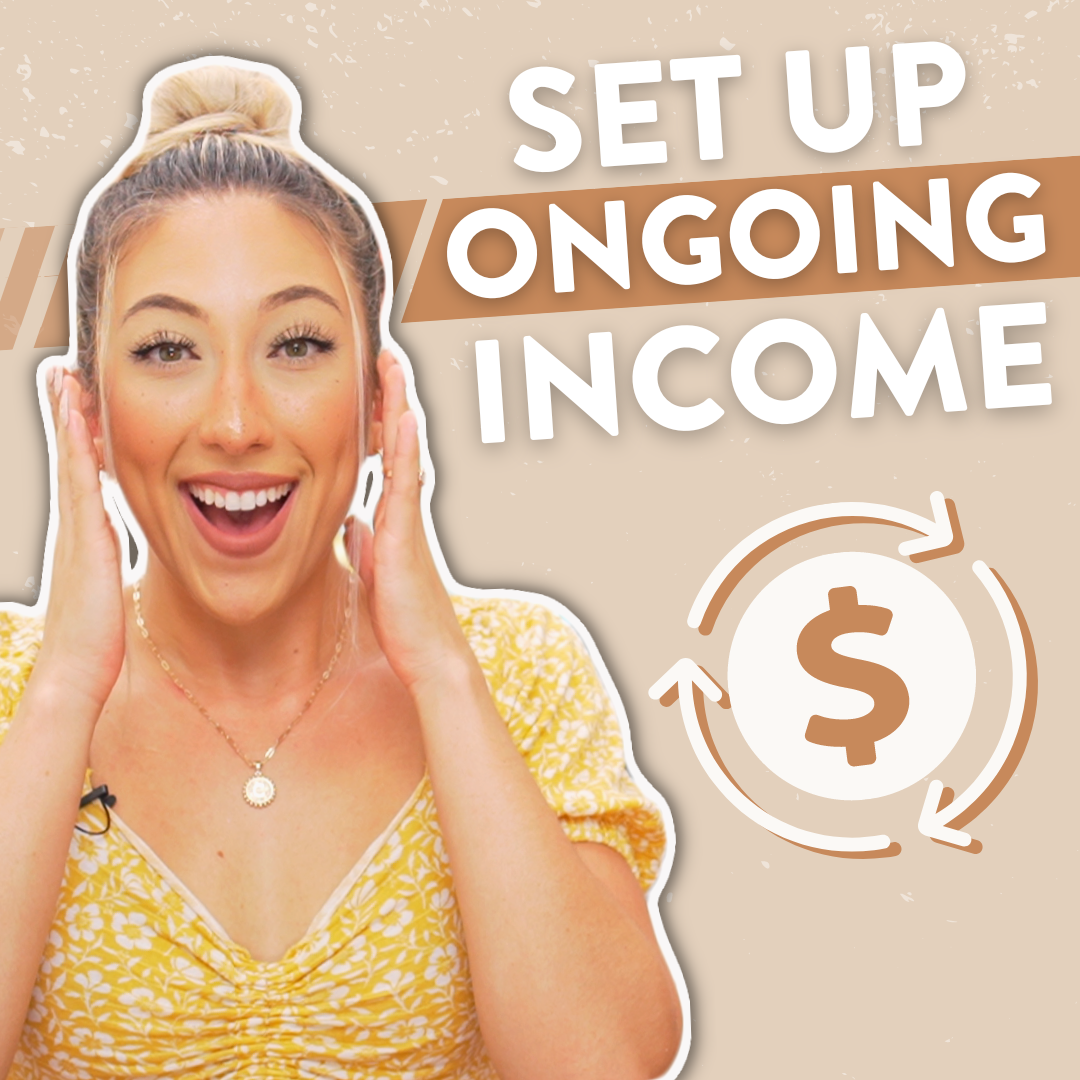Millie with an excited expression next to the words "Set up ongoing income" and an icon with a dollar sign and arrows in a circle.