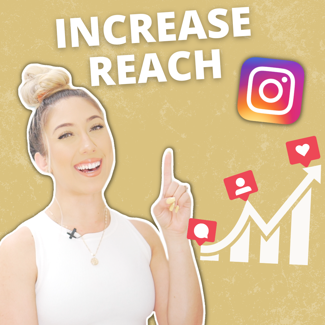 Millie smiling and pointing up at the words "Increase Reach" and the Instagram logo next to an icon indicating growth and different social engagement icons like "comment" "follow" and "like".