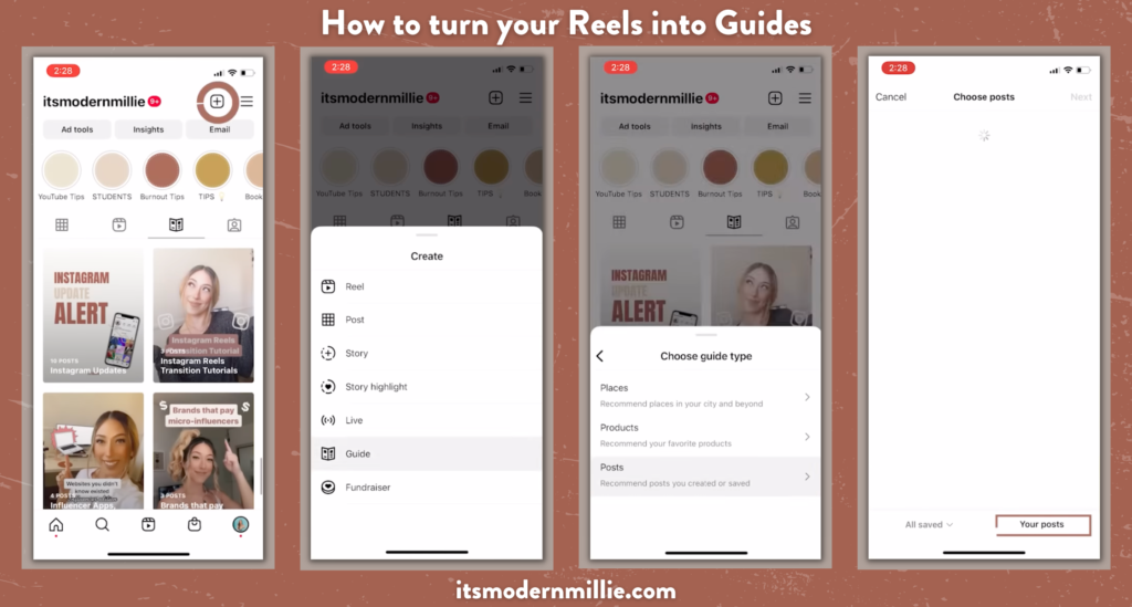 Four screenshots of Millie's Instagram showing how to turn your Reels into Guides on Instagram.