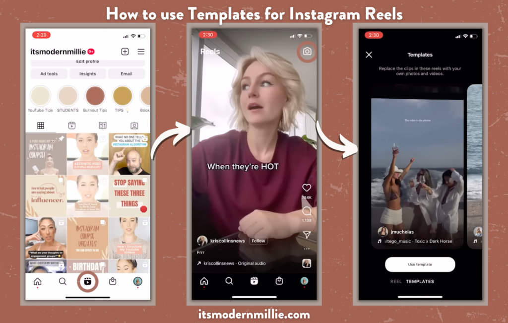 Three screenshots of Millie's Instagram showing how to use Templates for Instagram Reels.