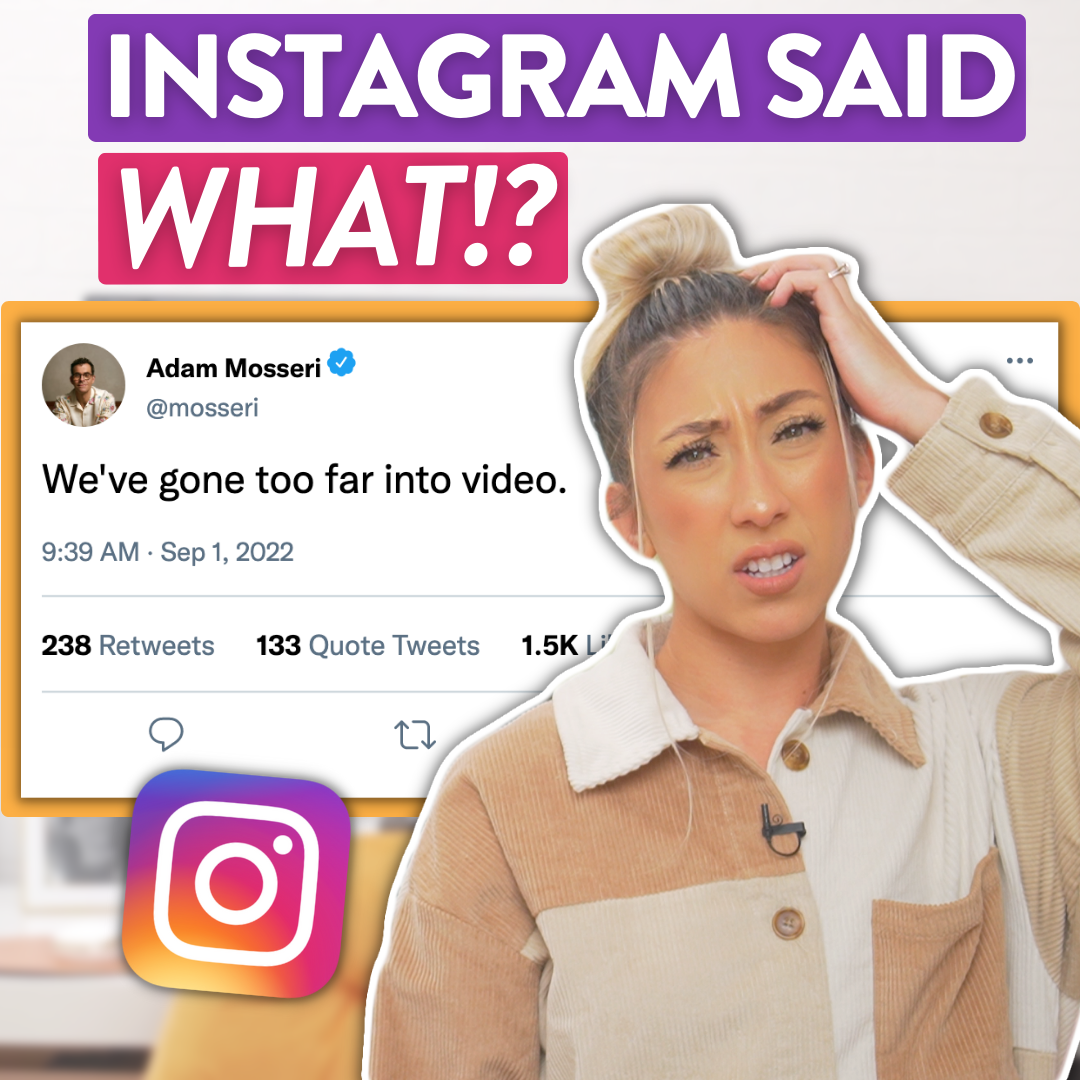 Millie with a confused look on her face scratching her head with a tweet from Adam Moserri saying "We've gone too far into video" next to the Instagram logo and the words "Instagram said what!?"