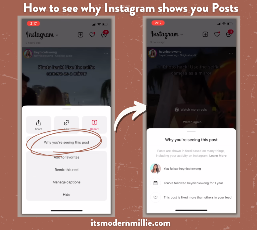 Two screenshots of Millie's Instagram showing how to see why Instagram shows your specific posts.