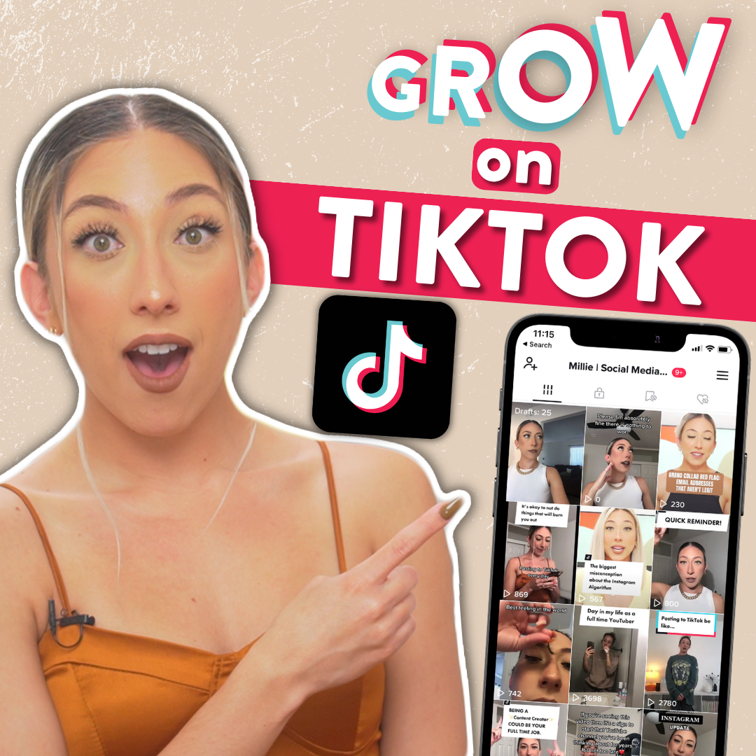 Millie with a happy, shocked, excited face pointing at a phone with TikTok on it next the TikTok logo and the words, "Grow on TikTok"