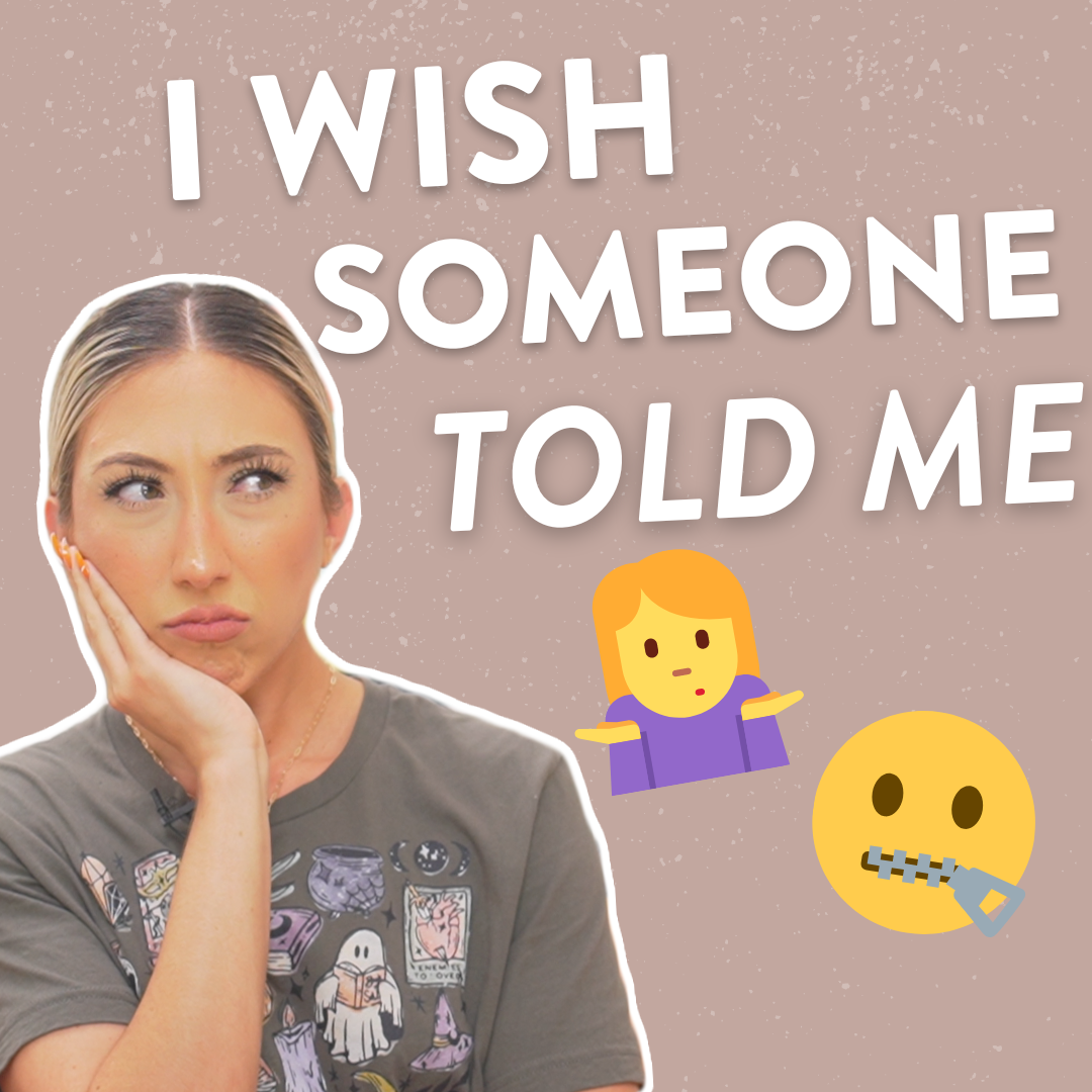 Millie with an upset expression looking to the right at an emoji of a girl shrugging and an emoji with zipped up mouth under the words, "I wish someone told" to reflect what she wishes she knew before becoming an influencer.