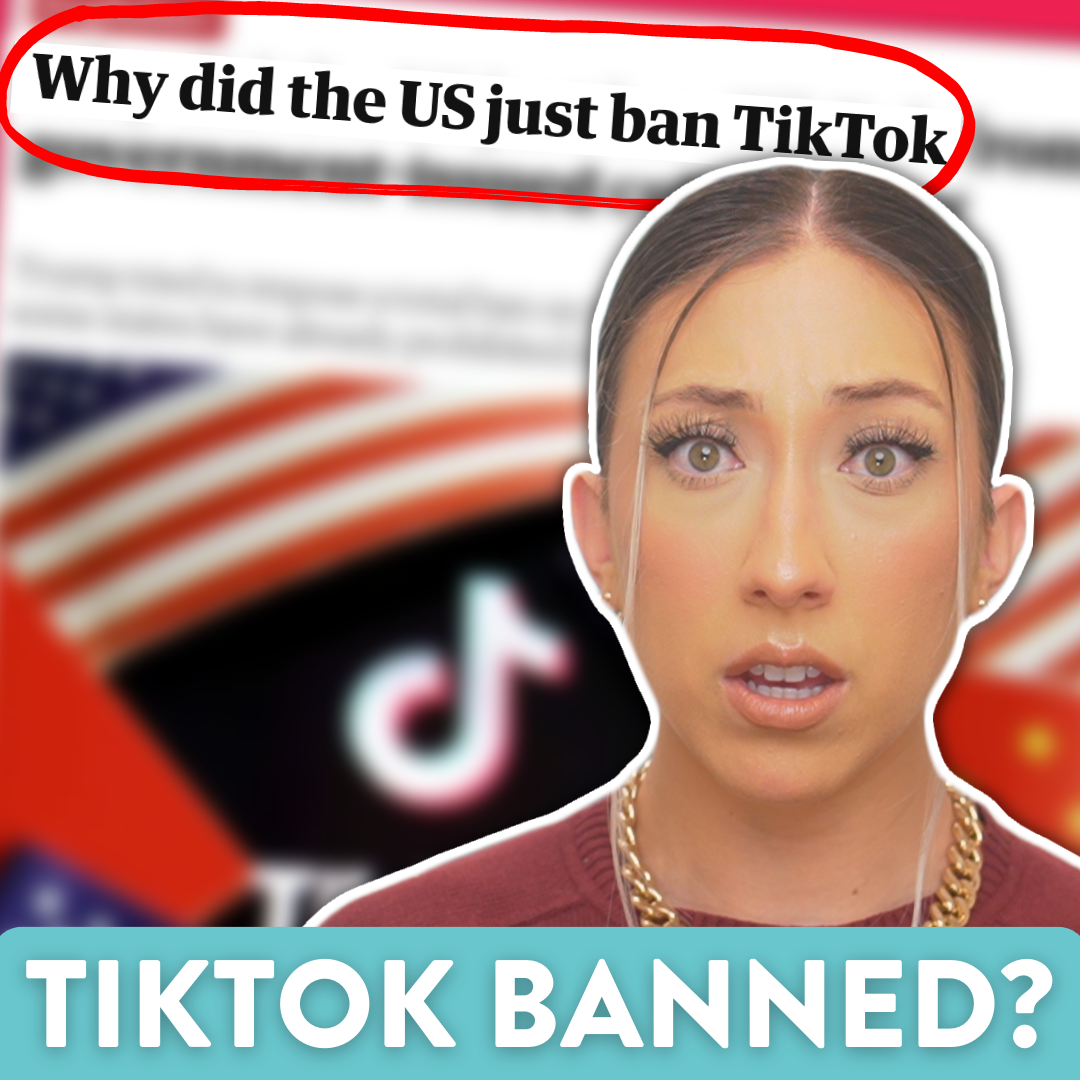 Millie with a surprised expression in front of a blurred social media news article with a portion of the title legible, saying "Why did the US just ban TikTok" and the words "TikTok Banned?" in the front.