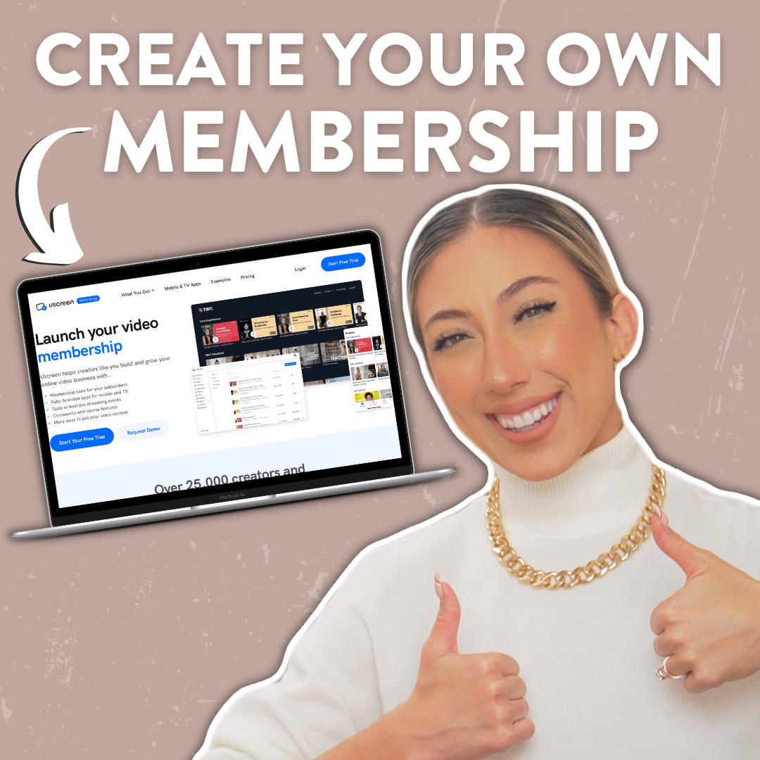 Millie smiling and giving two thumbs up with the words "Create Your Own Membership" pointing to a laptop with the UScreen website on it.