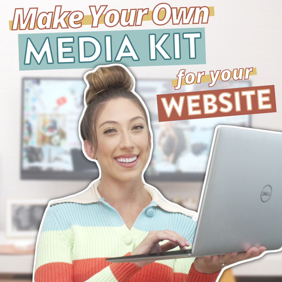 Millie holding her laptop and smiling under the words "Make your own media kit for your website"