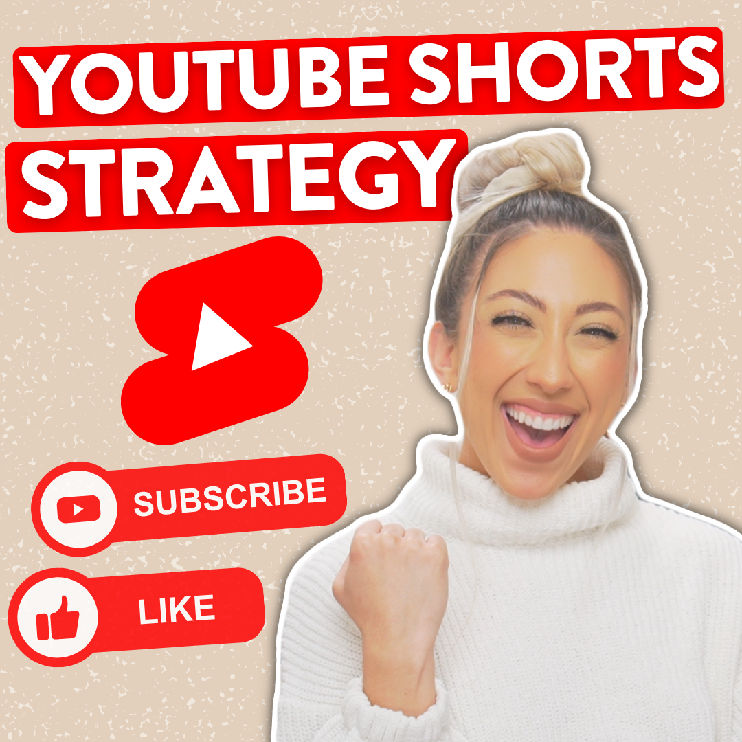Millie pumping her fist and smiling next to the words, "YouTube Shorts Strategy", the YouTube Shorts logo, a subscribe icon, and a like icon.