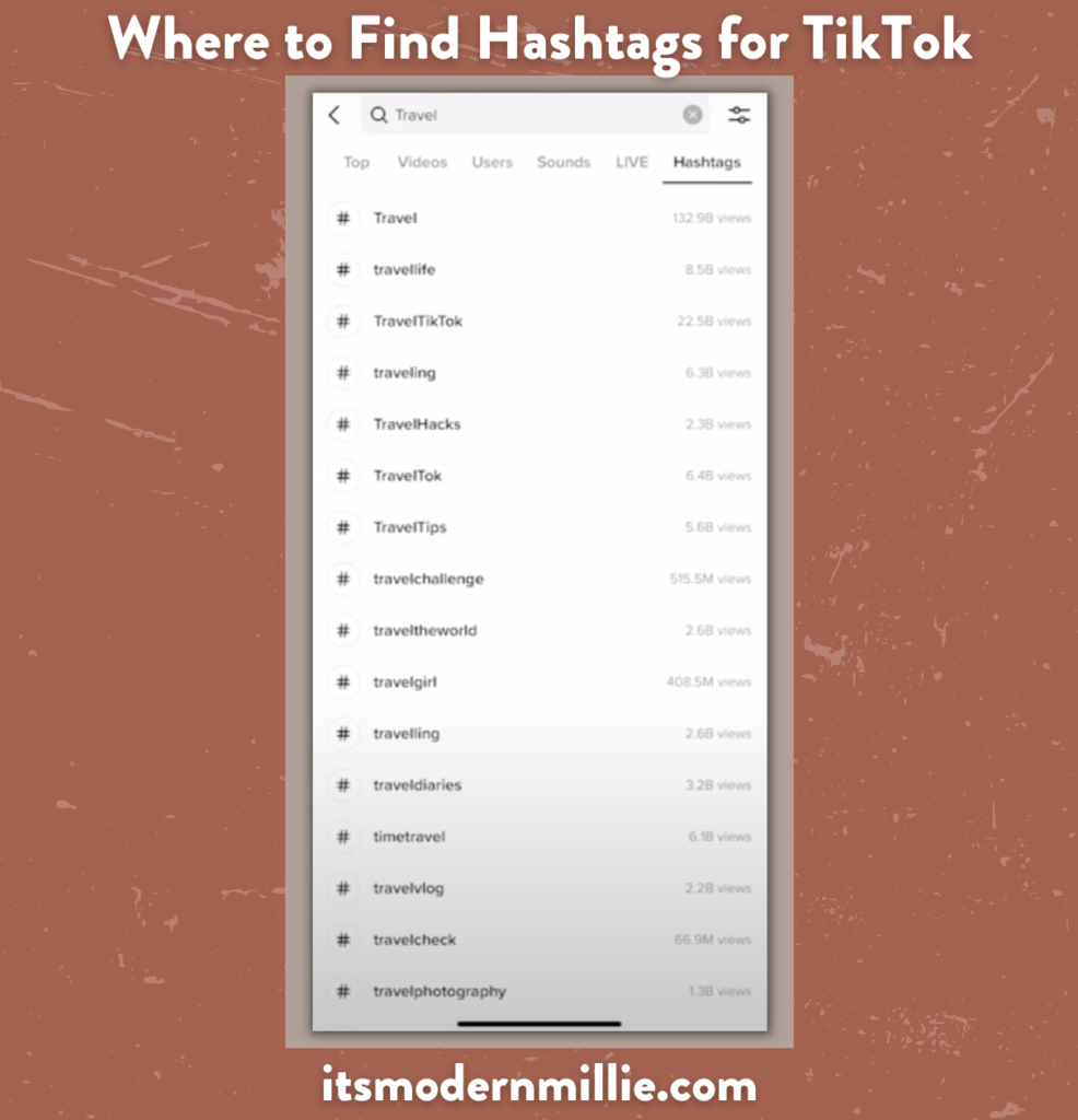 A list of hashtags under TikTok's hashtag tab under search. Purpose of this graphic are explained and drawn out in the text of this post.