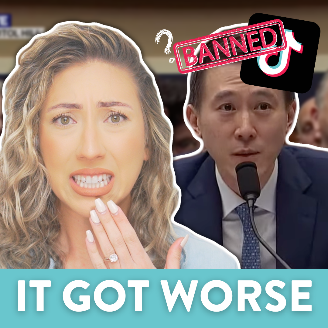 Millie with a concerned expression in front of TikTok CEO, Shou Zi Chew at the US hearing and the TikTok logo with the word "Banned" in front of it and a question mark.