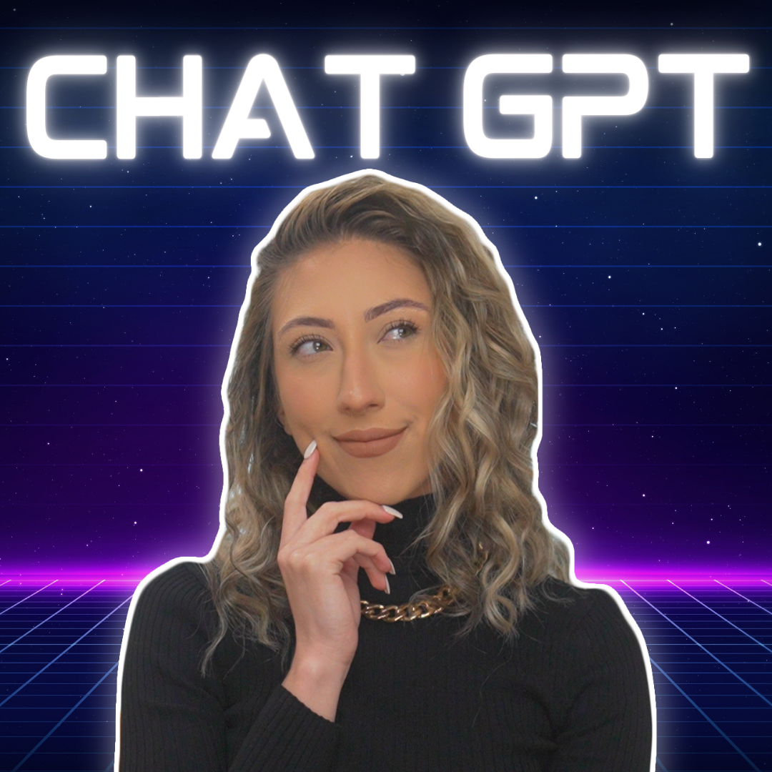 Millie smiling with a thoughtful expression under the words "CHAT GPT" and a futuristic, tech background.