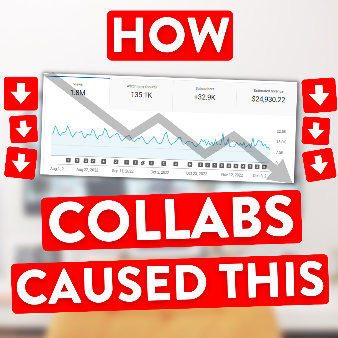 A screenshot of Millie's declining YouTube channel analytics with the words, "How collabs caused this" and 6 downward arrows.
