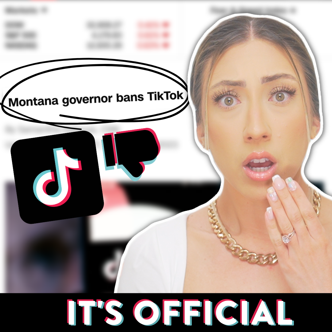 Millie with a shocked expression in front of a blurred out May social media news article, with the title legibly reading, "Montana governor bans TikTok" and the TikTok logo.
