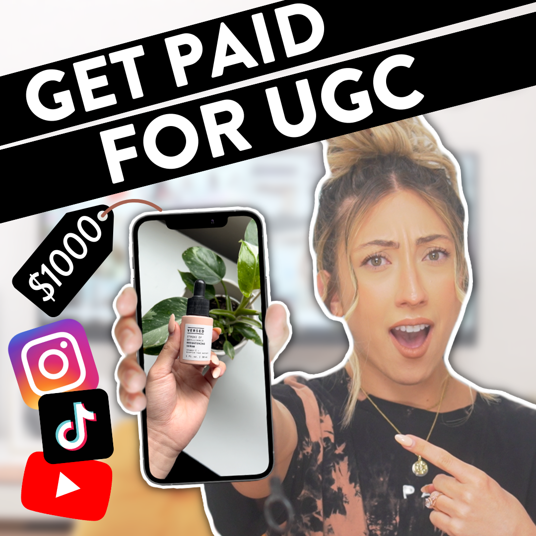 Millie with a shocked and impressed expression pointing at her phone, showing UGC Content with a $1000 tag and the Instagram logo, TikTok logo, and YouTube logo, all under the words, "Get paid for UGC".