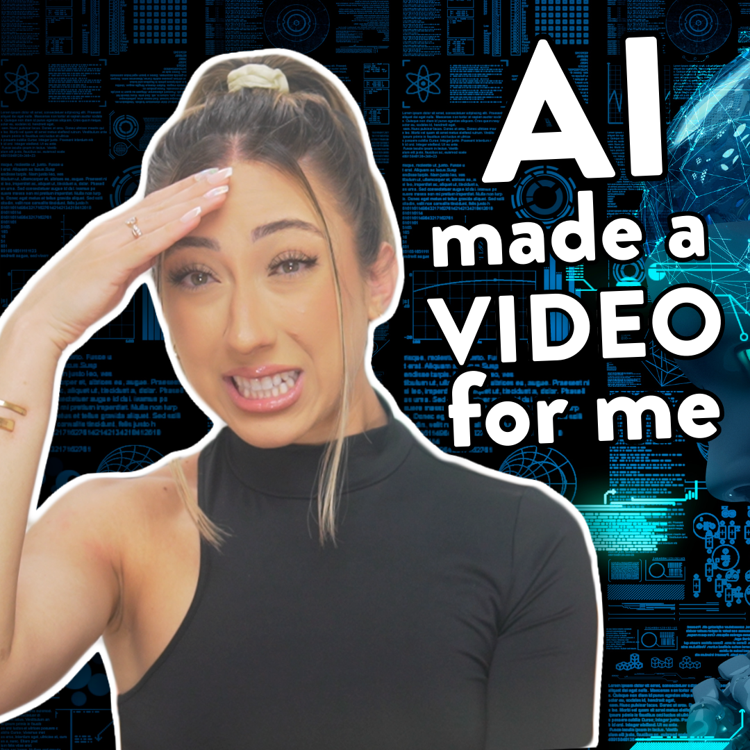 Millie making a cringing expression with a tech background and the words "AI made a video for me"