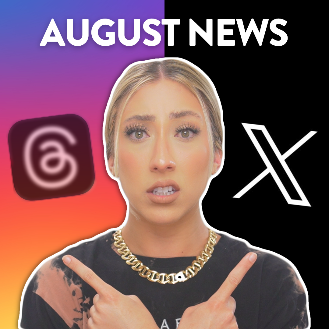 Millie with a confused and concerned expression, pointing one finger to the Threads logo and pointing her other finger to the X logo, with the words "August News" at the top
