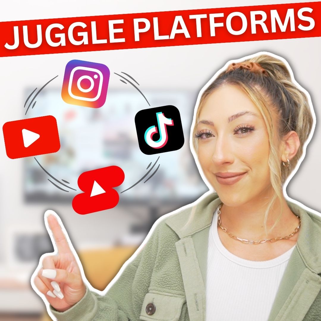 Millie smiling and pointing her finger to the Instagram, YouTube, YouTube Shorts and TikTok logos juggling in a circle with the words "Juggle Platforms" at the top.