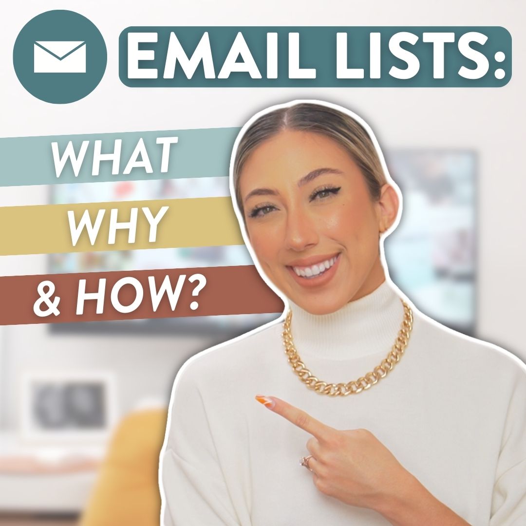 Millie smiling and pointing to the words, "Email Lists: What, Why & How?" and an email logo