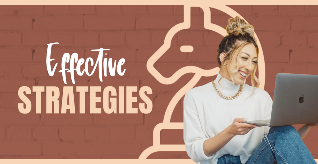 Millie smiling at her laptop next to the words "Effective Strategies" and a horse chess piece icon behind her.