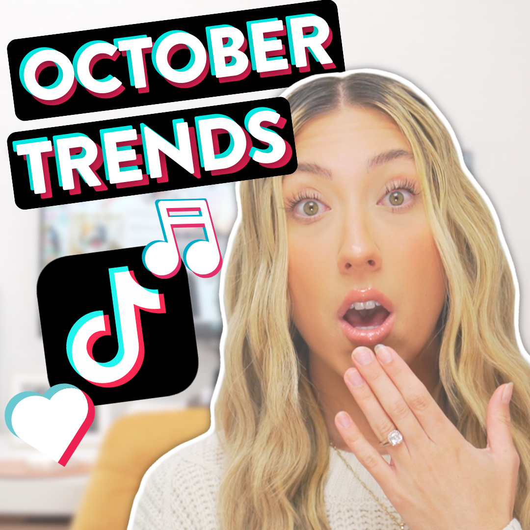 Millie holding her hand to her mouth with a shocked expression next to the words "October Trends" and the TikTok logo behind a music icon and a heart icon.