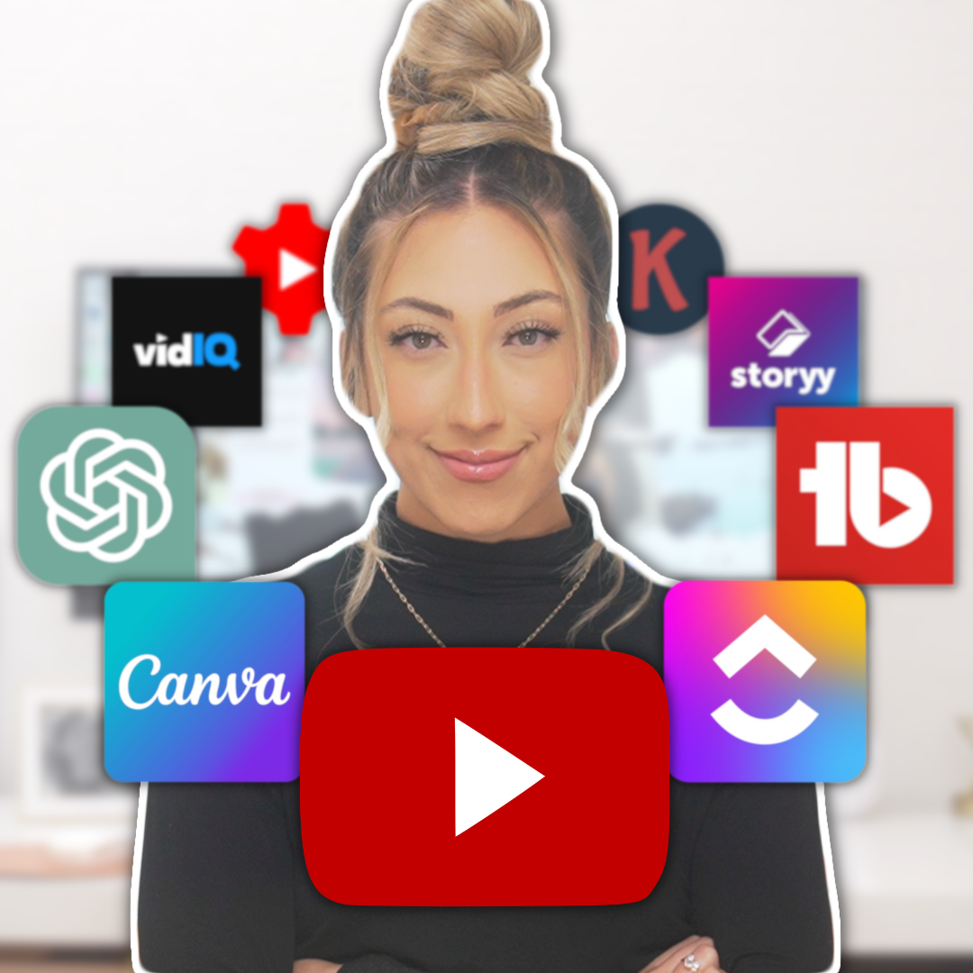 Millie smiling surrounded by the logos of YouTube, Canva, ClickUp, TubeBuddy, ChatGPT, Storyy, VidIQ, Keywords Everywhere and YouTube Studio.