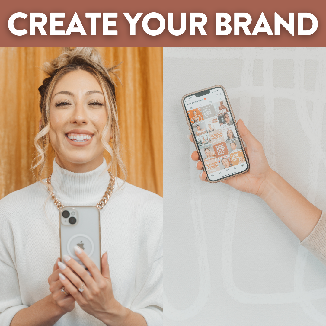 A photo of Millie on the left and a photo of her phone showing her personal brand photos and colors under the words "Create Your Brand"