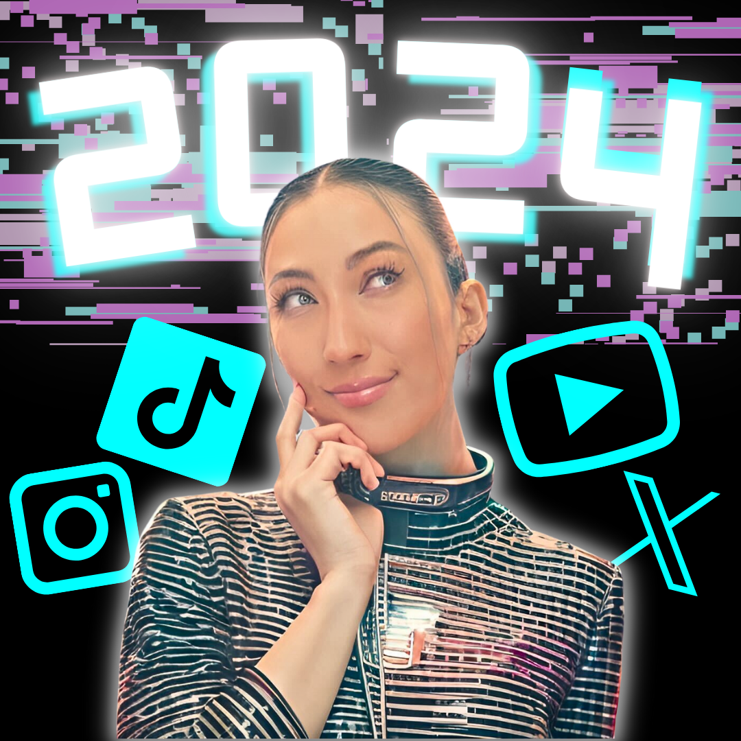 A futuristic Millie with a thinking expression next to the Instagram, TikTok, X and YouTube logos and the year "2024" all in front of a glitchy background.